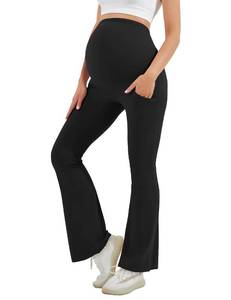 lot 6052 image: HEGALY Womens Maternity Flare Leggings Over The Belly - Casual Pregnancy Yoga Pants with Pockets Buttery Soft Black size small