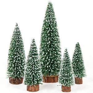 lot 6061 image: AerWo 5Pcs Mini Christmas Trees - Flocked Bottle Brush Trees With Wooden Bases for Tabletop Decor, Winter Holiday Table Decorations, Village Crafts