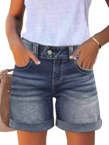 lot 6071 image: Flamingals Mid Rise Denim Shorts for Women Stretchy Distressed Bermuda Folded Hem Summer Trendy Casual Jean Shorts Navy Blue L