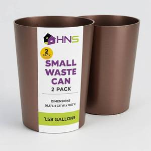 lot 6082 image: Mini Waste Basket - Pack of 2 Durable Small Plastic Garbage Trash Can Bin - Lidless Open-Top, Slim Profile for Compact Spaces - Suitable for Home, Bathroom, Office, Bedroom & More, Metallic Brown