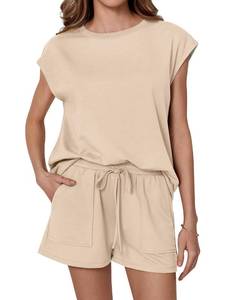 lot 6087 image: OLCHEE Womens Two Piece Sets Summer Short Casual Lounge Vacation Outfits Crew Neck Shirt Matching Set Sweatsuits - Khaki Large