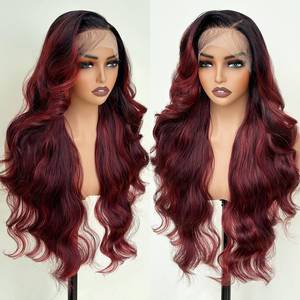 lot 6098 image: UGORGEOUS Burgundy Ombre 26 Inch HD Lace Front Wigs for White Women Black Women - Pre Plucked Body Wave Synthetic Wig with Tiny Knots 13�6 Pre Layered Natural Hairline Glueless Wigs Wear and Go