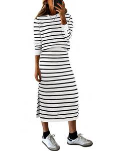 lot 6106 image: ANRABESS 2 Piece Skirts Sets For Women Fall Fashion 2025 Striped Sweater Midi Dress Knit Lounge Travel Outfits Winter Clothes Black White Large