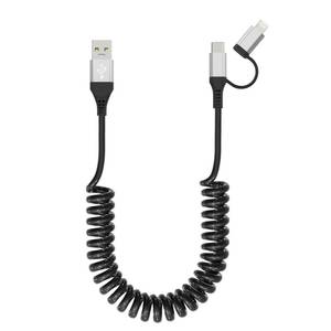 lot 6112 image: USB to USB-C and Lightning Cable 2 in 1 Coiled Cable Support Carplay & Android Auto MFi & 3A Fast Charge & Data Sync Coiled Lightning and USB C Cable for iPhone 1716151413Android, Silver