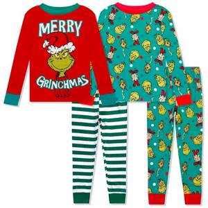 lot 6117 image: Dr. Seuss The Grinch Christmas Pajamas 4 Piece Set - Holiday Sleepwear Long Sleeve Tops & Pants, Matching Kids Boys Girls PJ Set Red-green size 8