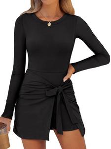 lot 6122 image: Caracilia Women Long Sleeve Tennis Dress 2026 Fall Bodycon Tie Waist Romper Skorts Athletic Mini Dresses Built in Shorts Black Medium