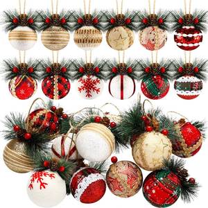 lot 6152 image: A12 Pieces Christmas Ball Ornaments Christmas Plaid Ball Burlap Foam Xmas Balls Xmas Tree Ornaments for Party Wedding Home Hanging Decoration