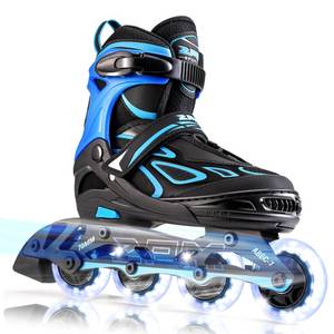 lot 7426 image: 2pm Sports Vinal Boys and Girls Adjustable Flashing Inline Skates, All Wheels Light Up, Fun Illuminating Skates for Kids and Youths - Azure Large(4Y-7Y US