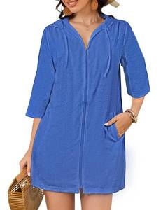 lot 7440 image: Bsubseach Terry Cloth Swim Coverup - Women Long Sleeve Hooded Swimsuit Coverup Zipper Beach Coverups Robes with Pockets Blue XL