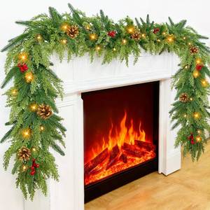lot 7445 image: Prelit 50LED - 9 Ft by 12 Inch Christmas Garland with Lights Timer, Real Touch Norfolk Pine Cedar Garland 150 Cypress & 50 Norfolk PE Tips Berries Pine Cones for Indoor Fireplace Mantle Table Decor