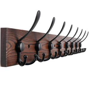 lot 7468 image: Kuhome 32.2 Large Coat Rack Wall Mount Coat Hooks Coat Hanger with 8 Metal Black Triple- Hooks Brown Pine Real Wood Plank Hat Rack for Wall Hooks for Hanging Coat Hat Jacket