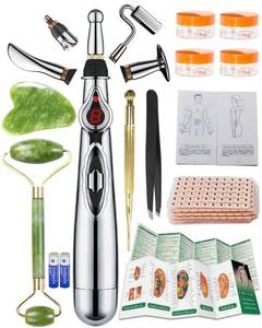 lot 7470 image: Acupuncture Super Set 5-Head Electronic Acupuncture Pen Gua Sha Tool600 Ear Seeds Retractable Acupuncture Pen 4 x Extra Massaging Gel Tweezers  Manual Batteries  2 x Acupoint Chart
