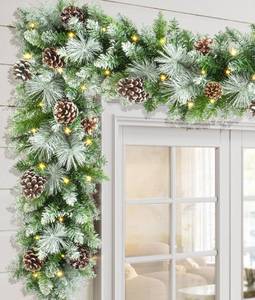 lot 7473 image: LAVEVE Pre-lit Christmas Garland 9 FT with 100 Warm Lights, Battery Operated Xmas Garland with Cedar Cones and Red Berries, Christmas Decoration for Mantle Fireplace Stair Railing Porch