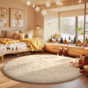 lot 7474 image: Ophanie Round Rugs 5Ft Ivory Circle Area Rug, Nursery Room Decor, Christmas Aesthetic Bedroom Home Circular Carpet 5 Foot, Fluffy Fuzzy Shag Plush Cream Living Room Rugs for Kids Boys Girls Teen Baby