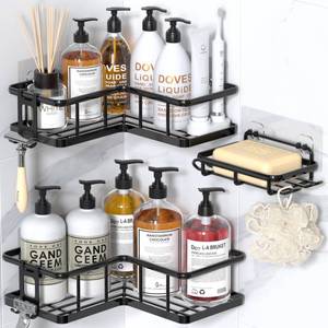 lot 7484 image: YASONIC Shower Caddy Corner, 3-Pack Adhesive Rustproof Stainless Steel Shower Shelves with Soap Holder, No Drilling Shower Organizer Corner for Dorm, Renters Bathroom, Black