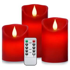lot 7494 image: Roomsily Flameless Battery Operated Flickering Candles3PACK Red Real Wax Pillar Candle,Electric LED Candle with 10-Key Remote Control and 24 Hours Timer for Home Decoration Holiday Party