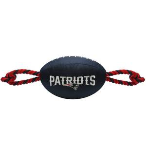 lot 8208 image: Pets First NFL New England Patriots Football Dog Toy, Tough Quality Nylon Materials, Strong Pull Ropes, Inner Squeaker, NFL Team Color (Torn)