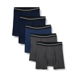lot 8210 image: Amazon Essentials Mens Underwear Boxer Briefs, Comfortable Cotton, Tag-Free, Pack of 5, CharcoalDark BlueDark Navy, Small