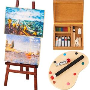 lot 8220 image: Skylety 3-Piece Dollhouse Painting Tool Accessories Set - Wooden Easel, Miniature Palette, Watercolor Box for Dolls (Broken)