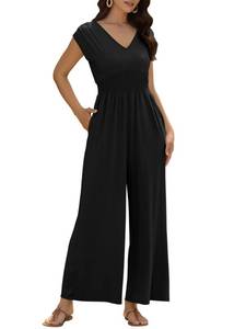 lot 8249 image: ZAFUL Summer Jumpsuits for Women 2025 V Neck Cap Sleeve Wide Leg Pants Rompers Plus Size Smocked Waist Casual Dressy Jumpers with Pockets Black XL