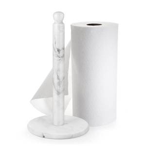 lot 8258 image: Flexzion Marble Paper Towel Holder 12 inch (White) - Kitchen Countertop Paper Towel Holder Stand Rack with Roll Dispenser Pole and Weighted Marble Base for Tables Home Dining Bathroom Storage(Broken)