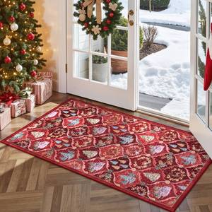 lot 8268 image: Lahome Christmas Entryway Rug, 2x4 Washable Christmas Kitchen Rugs Indoor Ultra-Thin, Soft Xmas Door Mat Indoor Entrance Red Carpet for Bathroom Bedroom Holiday Decor, Red