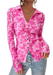 lot 8303 image: PRETTYGARDEN Women Button Down Floral Shirts 2026 Fall Trendy Long Sleeve V Neck Mesh Boho Blouse Spring Tops Date Outfits (Rose Pink,Medium)