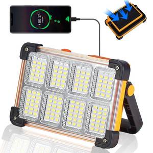 lot 8340 image: 120W Solar Rechargeable Work Light, 144 LED 10000LM Portable Flood Light with Stand, IP66 Waterproof 4 Modes LED Job Site Lighting Flashlights for Mechanic Camping Fishing Car Repair
