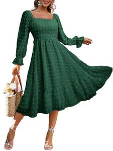 lot 8341 image: Amegoya Womens Fall Long Sleeve Midi Dress Flowy Square Neck Smocked Waist Swiss Dot Wedding Guest Dresses (Emerald Green S)