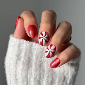 lot 8355 image: Glamnetic Press On Nails - Candy Crush  Short Oval Fake Nails with Candy Cane Swirl Design in a Velvet Finish, Salon Quality Holiday Nails  15 Sizes - 30 Nail Kit with Glue