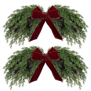 lot 8361 image: Suncalla 31.5 Christmas Swag for Front Door Rustic Velvet Bow Christmas Centerpiece with Berries for Indoor Outdoor Decor(Cedar,Red)