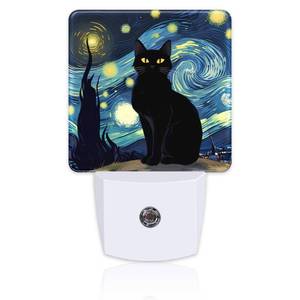 lot 8366 image: sndheke Starry Night Black Cat Night Light Plug into Wall, Abstract Oil Painting Dusk to Dawn Night Light Plug in,0.5w Energy Saving Sleep Friendly NightLight for Kids Boys Girls Home Decor