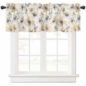 lot 8372 image: Pinroote Watercolor Flower Valances Window Treatment Farmhouse Decor, Beige Grey Spring Floral Botanical Rod Pocket Valance Curtains for Living Room, Bedroom, Kitchen, 60 W x 18 L - 1 Panel