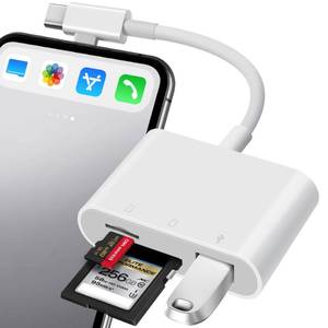 lot 8385 image: OPxjzws SD Card Reader for iPhone, SD Card Adapter with Lightening & USB C Dual Connectors Plug&Play Supports microSD, SD and USB-A OTG, Portable Trail Camera Memory Reader for iPhone Mac MacBook iPad