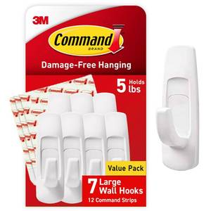 lot 8395 image: Command 5 lb Large Utility Hooks, 7 Wall Hooks and 12 Strips, Damage Free Hanging with Adhesive Strips, No Tools for Hanging, Organization and Storage