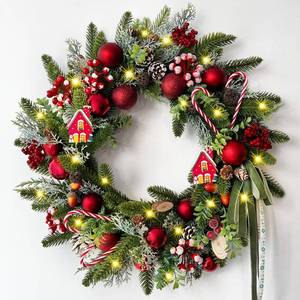 lot 13262 image: 20 Christmas Wreaths for Front Door, Christmas Wreath with Candy Canes Christmas Ball Ornaments, Lifelike Pine Cones Berries & Bow, Christmas Door Wreath for Indoor Outdoor Wall Decor