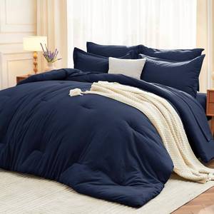 lot 13264 image: MUXHOMO 7 Pieces Queen Comforter Set, Soft Bed in a Bag Queen Size, All Season Bedding Set with Comforter, Flat Sheet, Fitted Sheet, Pillowcases & Shams, Navy Blue