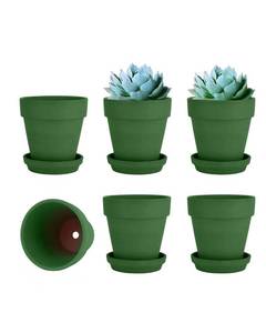 lot 13267 image: vensovo 4 Inch Small Green Terracotta Plant Pots with Saucer - 6 Pack Clay Flowerpots with Drainage, Great for Indoor Outdoor Plants, Crafts, Wedding Favor