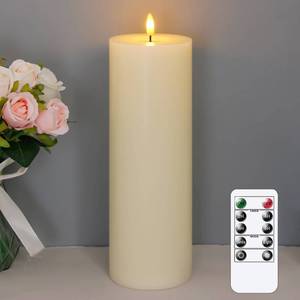 lot 13292 image: Wroxipel 4 x12 Flameless Flickering Remote Ivory Candles with Candle Grease and Timer, LED Battery Operated Fake Real Wax 3D-Wick Pillar Candles, Pack of 1