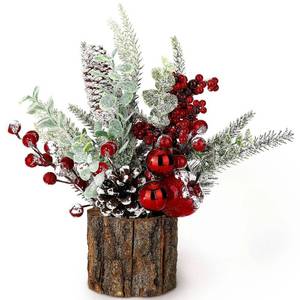 lot 13293 image: Small Christmas Tree Tabletop Artificial Mini Christmas Tree Decorations with Holiday Ornaments Red Berry Pine Cone Greenery for Home Indoor Fireplace Mantel Xmas Decor (Tree Stump-Red)