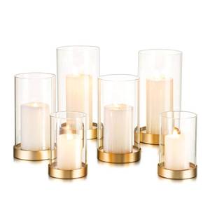 lot 13294 image: Hewory Hurricane Candle Holder for Pillar Candles Gold Votive Candle Holders Set of 6, Glass Hurricane with Metal Candle Plate, Pillar Candle Holder for Table Centerpiece Wedding Holiday Home Decor