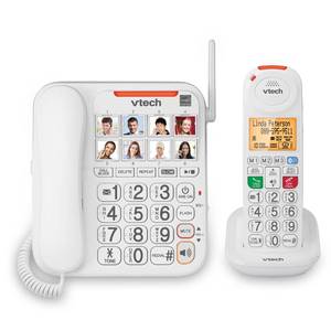 lot 13303 image: VTech SN5147 Amplified CordedCordless Senior Phone with Answering Machine, Call Blocking, 90dB Extra-Loud Visual Ringer, One-Touch Audio Assist on Handset up to 50dB, White