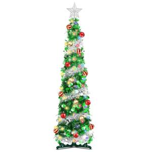 lot 13335 image: 5 Feet Pop Up Christmas Tinsel Tree with Timer Warm White & Multi Color Change Lights Battery Operated Pop Up Pencil Tree with 15 Ball Ornaments & Star Xmas Home Indoor Holiday Decor (Green Silver)