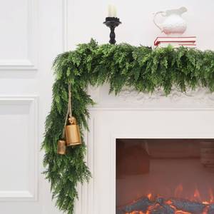 lot 13340 image: 9FT Christmas Cedar Garland Artificial Realistic Green Faux Real Touch Winter Pine Garland for Mantle Fireplace Wall Table Indoor Outdoor Decoraiton