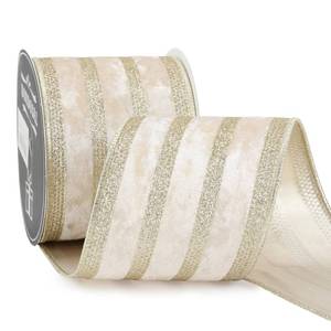lot 14125 image: DINDOSAL Champagne Velvet Wired Ribbon with Glitter Stripe 4 Inch Extra Wide Crushed Velvet Christmas Ribbon, 10 Yards for Gift Wrapping, Crafts, Tree Decorations, Wreaths, Garlands