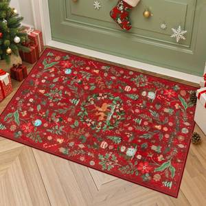 lot 14144 image: Lahome Christmas 2x3 Entryway Rug, Small Christmas Indoor Door Mat for Entrance, Non Slip Washable Soft Xmas Reindeer Throw Rug for Kitchen Bedroom Bathroom Holiday Decor, Red