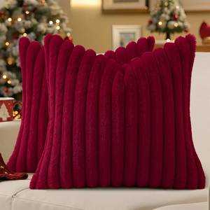 lot 14163 image: decorUhome Faux Fur Spring Throw Pillow Covers 18x18 Set of 2, Decorative Soft Plush Striped Neutral Couch Pillow Covers with Velvet Back for Sofa, Bed, Living Room Home, Burgundy