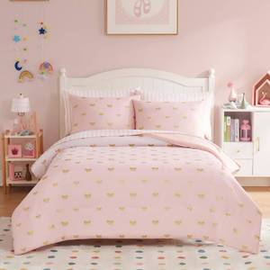 lot 14171 image: Wink Deer Twin Comforter Set with Sheets for Girls-5 Pieces Twin Bedding Sets with Pink Comforter, Sheets, Pillowcase & Sham for Kids (Pink Gold Bow, 66 X 86)