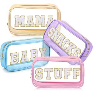 lot 14180 image: SilTriangle 4 Pcs Mama and Baby Toiletry Bag Clear Chenille Letter Pouch Snacks Makeup Stuff Travel Diaper Bag Preppy Transparent Pouch with Zipper for Women Gift(Macarons Color)