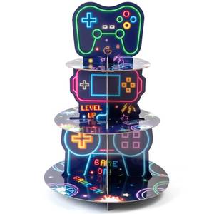 lot 14185 image: ArianQicult Neon Video Game Cupcake Stand - 3-Tier Glow Video Game Round Cake Stand Cupcake Tower, Gaming Themed Cardboard Dessert Holder Party Decorations for Kids Boys Birthday Party Supplies
